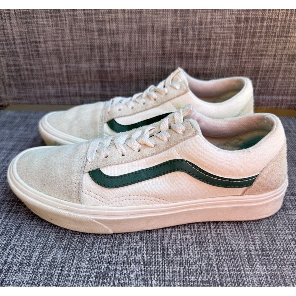 Vans Old Skool ComfyCush Womens Size 7 Off White Cream Suede Canvas Green Stripe